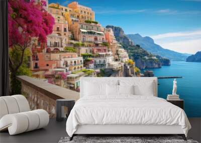 Panoramic view of  Amalfi coast on hills with flowers and sea, Campania, Italy. Generative ai Wall mural