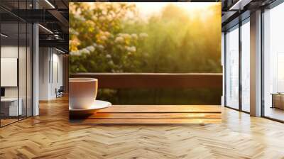 Pouring black tea drink into glass cup on wood table in tha garden. Generative ai Wall mural