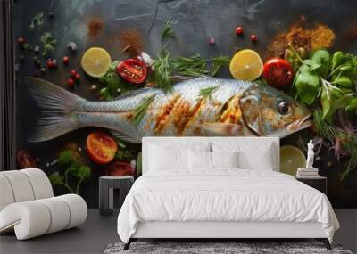 Troat fish with spices and herbs on slate table. Seafood. Generative ai Wall mural