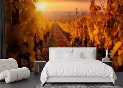 Vineyards at sunset in autumn harvest. Ripe grapes in fall. Generative ai Wall mural