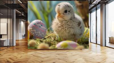 A baby chick is standing in front of a bunch of Easter eggs Wall mural