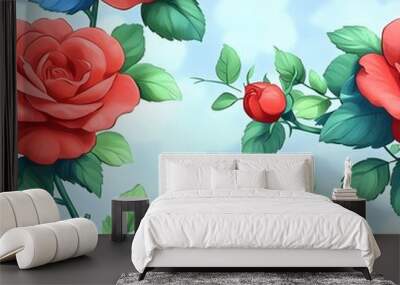 A beautiful red rose with green leaves and a blue sky background. The roses are arranged in a pattern that creates a sense of harmony and balance Wall mural