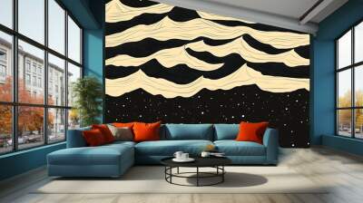 A black and white image of a wave with a starry sky in the background. The image has a dreamy, ethereal quality to it, with the waves and stars creating a sense of movement and wonder Wall mural