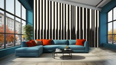 A black and white striped pattern with a white background. The stripes are thin and close together. The image has a vintage feel to it Wall mural