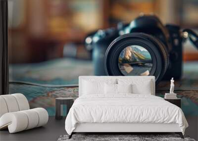 A camera lens on a map with mountains in the background, AI Wall mural