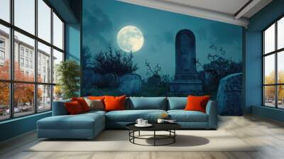 A cemetery at night with a full moon in the sky Wall mural