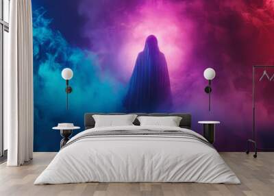 A creepy ghost with glowing eyes in the fog. Halloween.  Wall mural