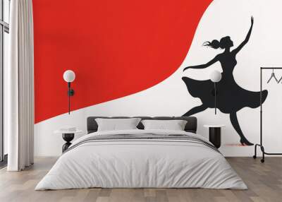 A dancing silhouette of a woman in an elegant pose with a bold red abstract background capturing movement and emotion Wall mural