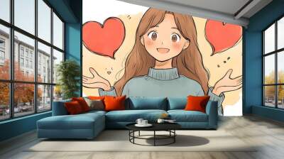 A girl is holding two hearts in her hands and smiling. Concept of love and happiness Wall mural