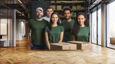 A group of volunteers with donation boxes of humanitarian aid in a warehouse.  Wall mural