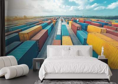 A large number of containers are stacked in a row, with some of them being yellow and others being blue. Concept of organization and efficiency, as the containers are neatly arranged Wall mural