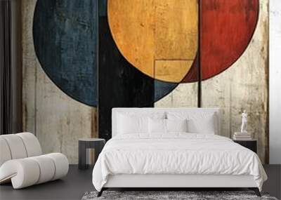 A painting of two circles with a tree in between. The circles are red, yellow and blue Wall mural