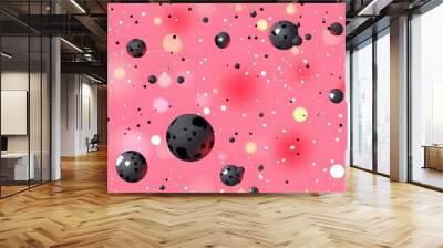 A pink background with many black and white spheres. The spheres are scattered all over the background and some of them are closer to the foreground Wall mural