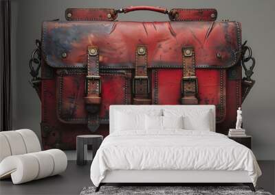 A red leather briefcase with a black strap. The briefcase is old and worn, with a vintage look Wall mural