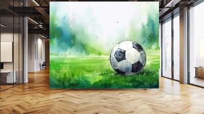 A soccer ball on the green grass of a football field on a sunny summer day.  Wall mural