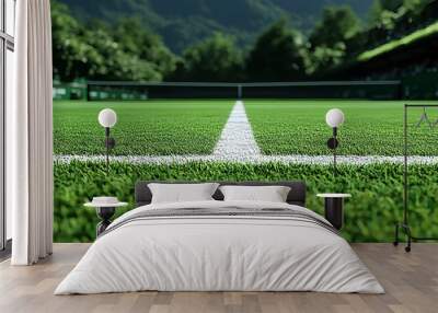 A tennis court with a white line on the grass Wall mural