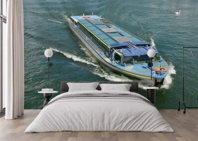 A tourist boat sails along the river. Water transport. Wall mural