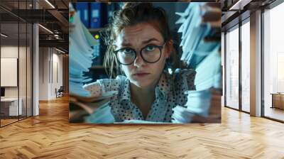 A woman is looking at a pile of papers with a worried expression on her face Wall mural