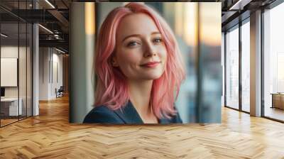 A woman with pink hair is smiling and looking at the camera Wall mural