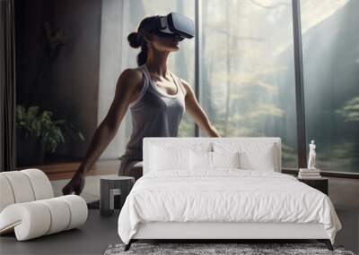 A young girl in virtual reality glasses is doing yoga and meditation on the floor in an apartment. Wall mural