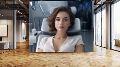 An attractive young woman in beauty salon sitting on a chair for treatments or dentist's chair.  Wall mural