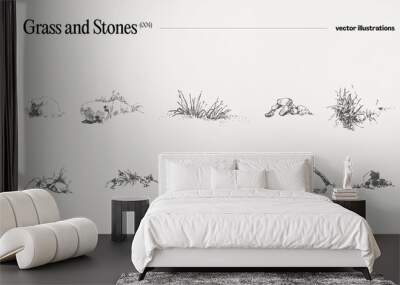 High detail hand drawn vector illustration of grass and stones, realistic drawing, sketch Wall mural