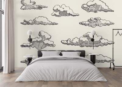 Set engraved style clouds drawn vector sketch Wall mural