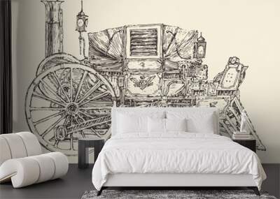 Steam punk carriage, engraved style, vector illustration Wall mural