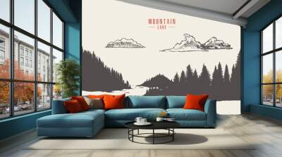 Vector mountain lake pine forest style hand drawn Wall mural