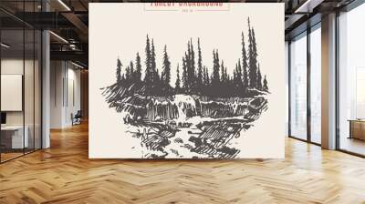 Vintage river waterfall fir forest drawn sketch Wall mural