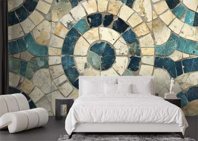 Blue and cream vintage mosaic tile design Wall mural