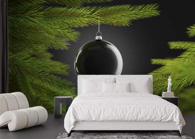 Blank black christmas tree ball hanging on pine mockup Wall mural