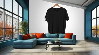 Blank black t-shirt front side view on hanger, design mockup, clipping path. Gray clear plain cotton tshirt mock up template. Apparel store logo branding display. Crew shirt surface hang wood hanger Wall mural