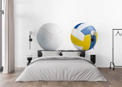 Blank white and colored volleyball ball mockup set, isolated, 3d rendering. Empty voleybal circle mock up. Clear beach playing team. Innings or block in professional volleybal template. Wall mural