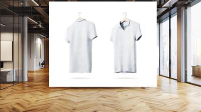 Blank white polo shirt with hanger mockup isolated, front and back side view, 3d rendering. Empty t-shirt uniform mock up. Plain clothing design template. Cotton clear with collar and short sleeves Wall mural