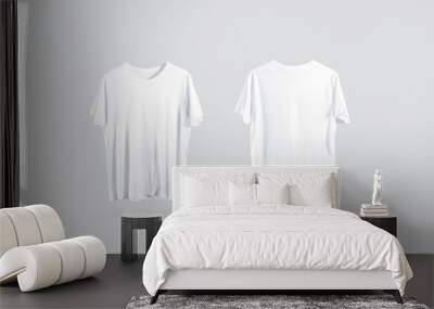 Blank white t-shirt front and back side view, design mockup. Clear plain cotton tshirt mock up template isolated. Apparel store logo branding dress. Crew shirt front and backwards Wall mural