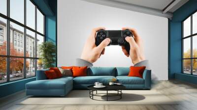 Hand hold new joystick isolated. Gamer play game with gamepad. Wall mural