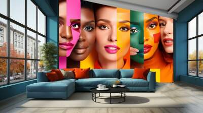 Brightly colored mosaic of various women's faces Wall mural