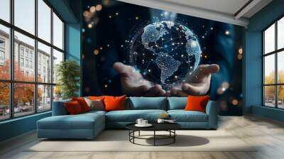 Businessman in a suit holding a glowing, interconnected digital globe, representing global networks and technology Wall mural