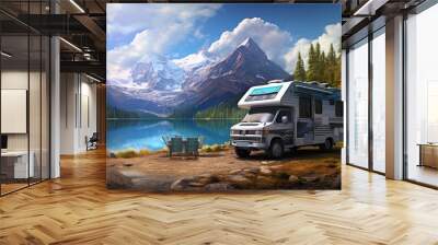 Camper van on the background of mountains and lake. Family vacation on wheels. Vacation trip in a mobile home Wall mural