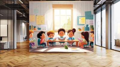 Children reading book at sunny library table Wall mural