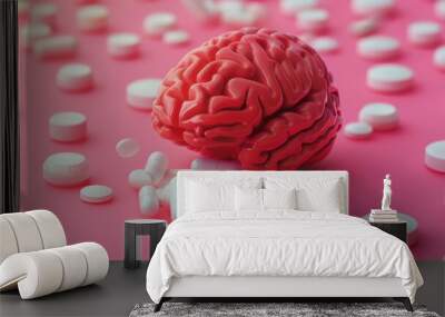 Close-up of medication pills on a red table with a background of pink pill shapes scattered around. Wall mural