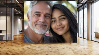 Close-up portrait of smiling multiethnic father and daughter Wall mural