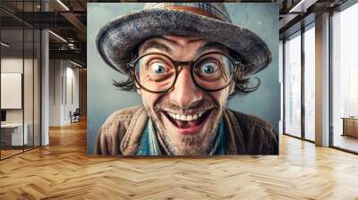 Closeup of a happy man wearing glasses and a hat with an enthusiastic expression Wall mural