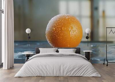 Frozen orange in the water on a wet surface with droplets and ice cubes surrounding it. Wall mural