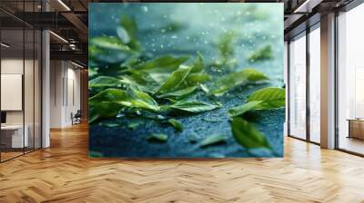 Green leaves on blue surface Wall mural