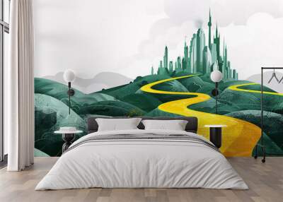 green rolling hills leading to a yellow road and futuristic city Wall mural