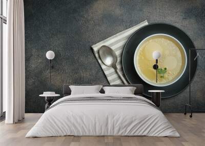 Hearty lunch. Meat broth or bouillon  from veal with breadcrumbs on a dark background. Top view. Copy space. Wall mural