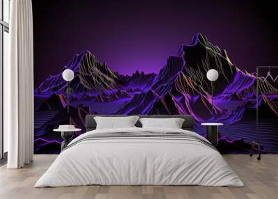 3d rendering, abstract purple violet background, virtual reality landscape with wireframe mountains in cyber space Wall mural