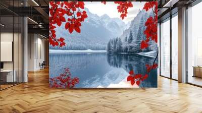 Lake surrounded by autumn trees Wall mural